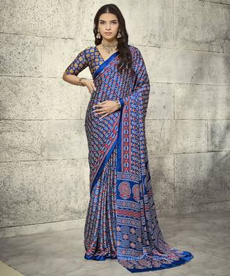 Blue modal satin ajrakh print saree 1