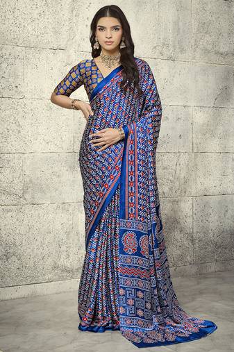 Blue modal satin ajrakh print saree