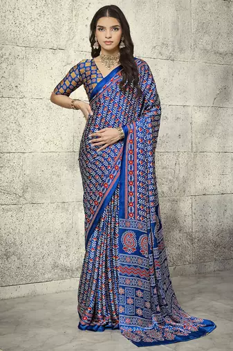 Blue modal satin ajrakh print saree