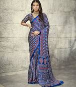 Blue modal satin ajrakh print saree