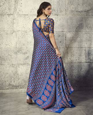 Blue modal satin ajrakh print saree 2