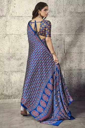 Blue modal satin ajrakh print saree