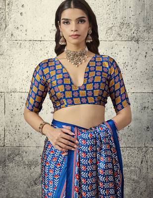 Blue modal satin ajrakh print saree 3