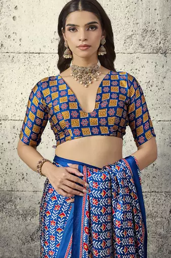 Blue modal satin ajrakh print saree