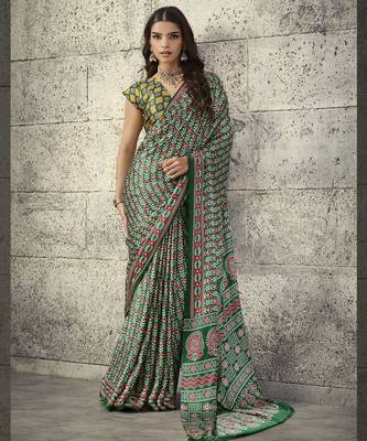 Green modal satin ajrakh print saree 1
