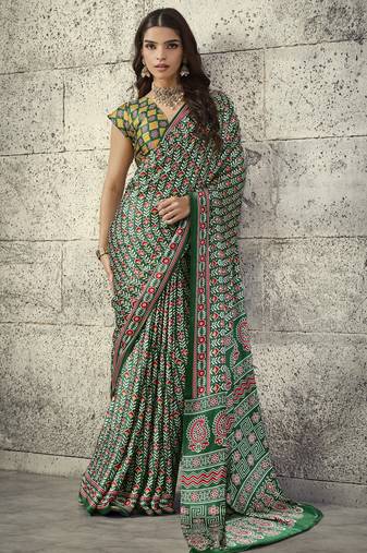 Green modal satin ajrakh print saree