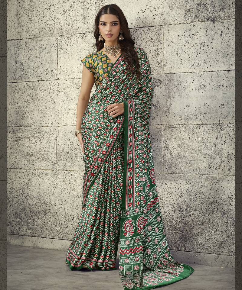Green modal satin ajrakh print saree