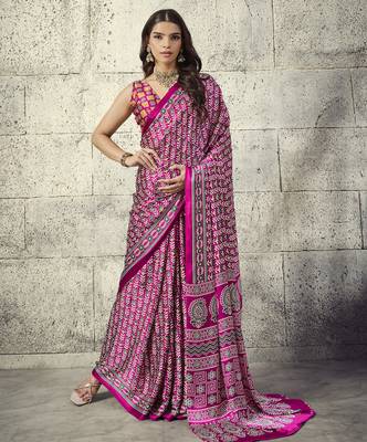 Pink modal satin ajrakh print saree 1
