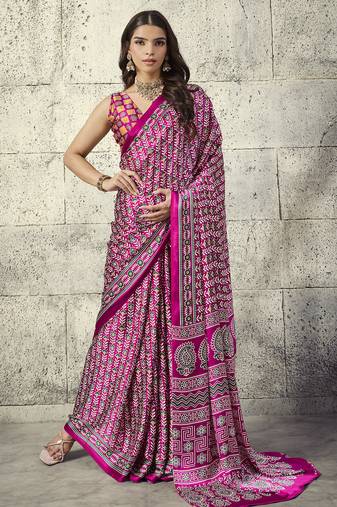 Pink modal satin ajrakh print saree