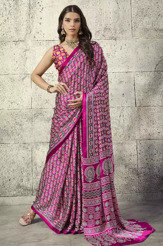 Pink modal satin ajrakh print saree