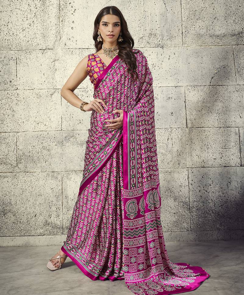 Pink modal satin ajrakh print saree