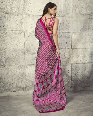 Pink modal satin ajrakh print saree 2