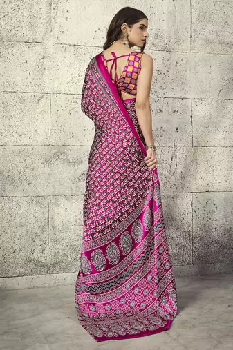 Pink modal satin ajrakh print saree