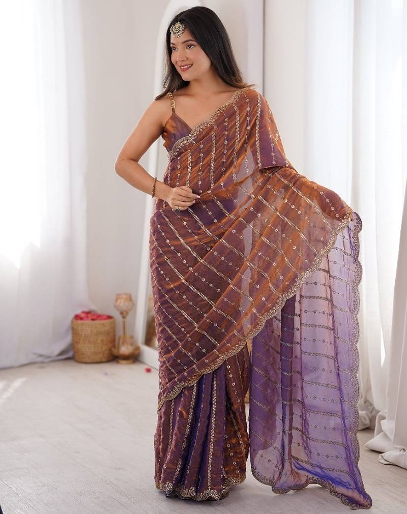 Copper fendy satin sequence embroidered saree