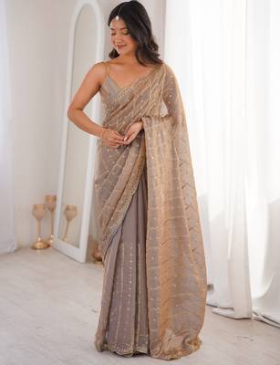 Beige fendy satin sequence embroidered saree 1