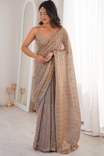 Beige fendy satin sequence embroidered saree