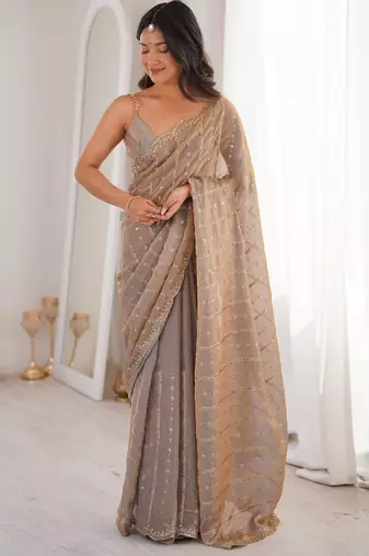 Beige fendy satin sequence embroidered saree