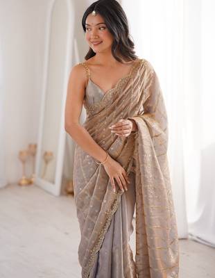 Beige fendy satin sequence embroidered saree 3