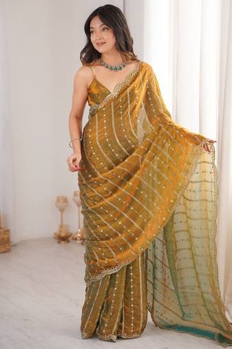 Gold fendy satin sequence embroidered saree