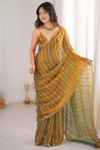Gold fendy satin sequence embroidered saree