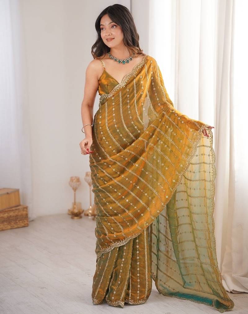 Gold fendy satin sequence embroidered saree