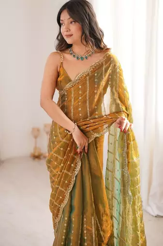 Gold fendy satin sequence embroidered saree