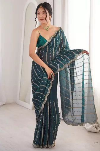 Teal fendy satin sequence embroidered saree