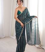 Teal fendy satin sequence embroidered saree