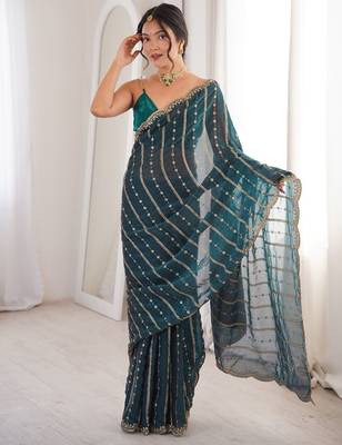 Teal fendy satin sequence embroidered saree 2