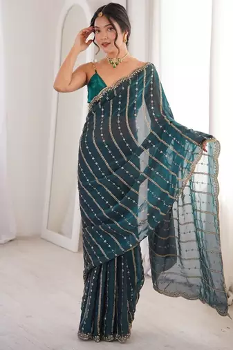 Teal fendy satin sequence embroidered saree