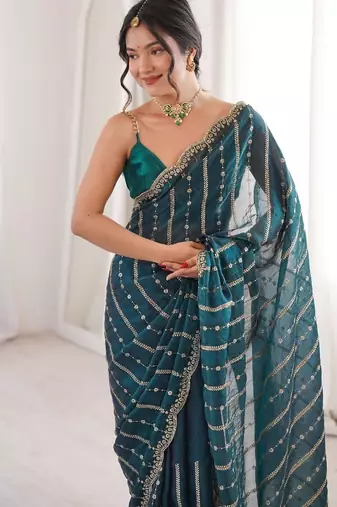 Teal fendy satin sequence embroidered saree
