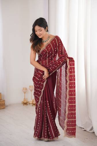 Maroon fendy satin sequence embroidered saree