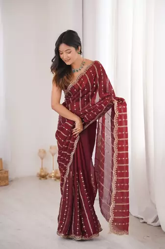 Maroon fendy satin sequence embroidered saree
