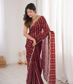Maroon fendy satin sequence embroidered saree