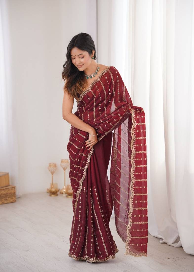 Maroon fendy satin sequence embroidered saree