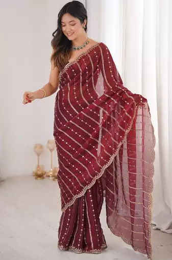 Maroon fendy satin sequence embroidered saree