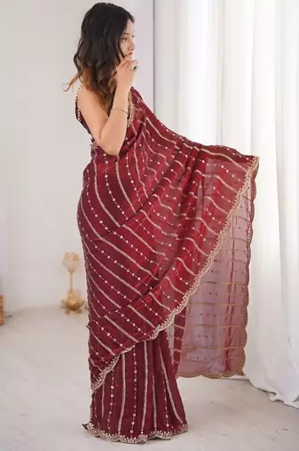 Maroon fendy satin sequence embroidered saree