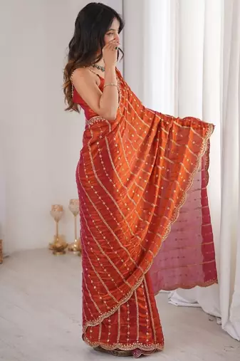 Orange fendy satin sequence embroidered saree