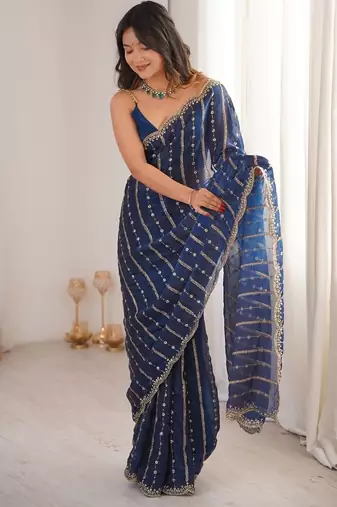 Navy blue fendy satin sequence embroidered saree