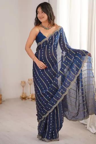 Navy blue fendy satin sequence embroidered saree