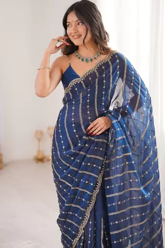 Navy blue fendy satin sequence embroidered saree