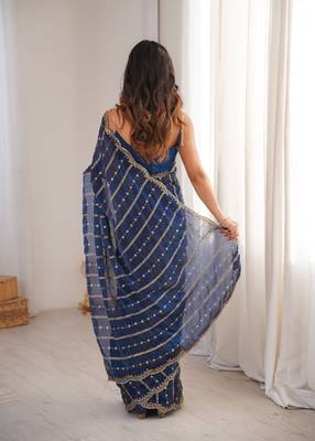 Navy blue fendy satin sequence embroidered saree 4