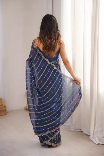 Navy blue fendy satin sequence embroidered saree