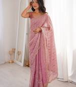 Pink fendy satin sequence embroidered saree