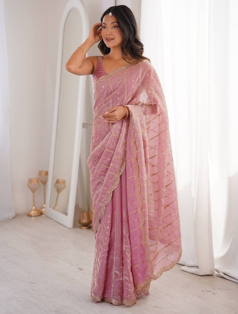 Pink fendy satin sequence embroidered saree