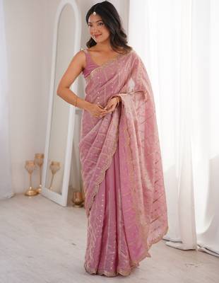 Pink fendy satin sequence embroidered saree 2