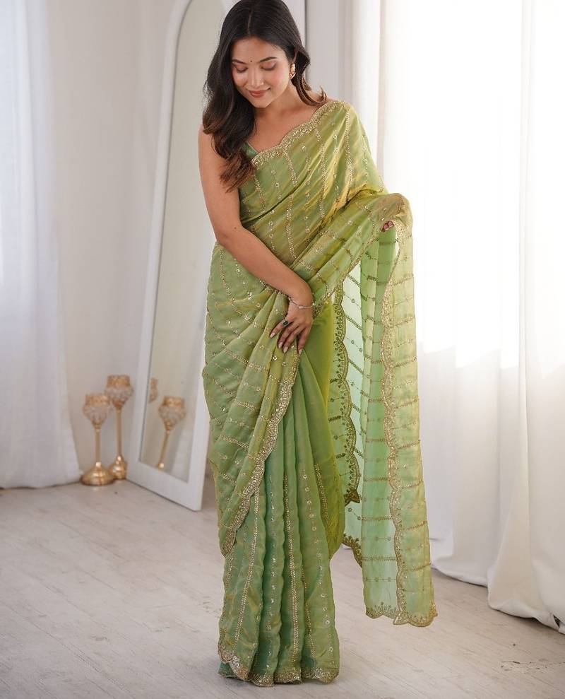 Green fendy satin sequence embroidered saree