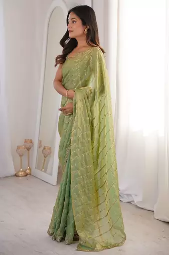 Green fendy satin sequence embroidered saree