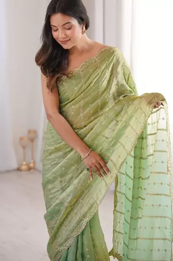 Green fendy satin sequence embroidered saree