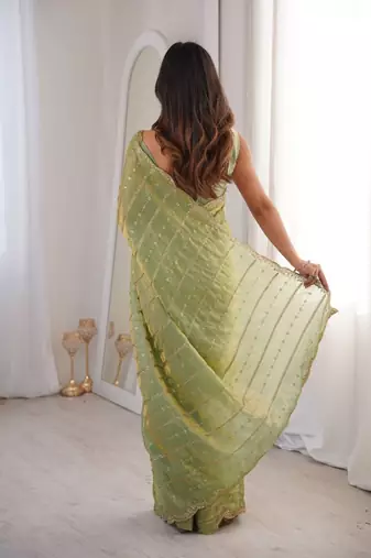 Green fendy satin sequence embroidered saree